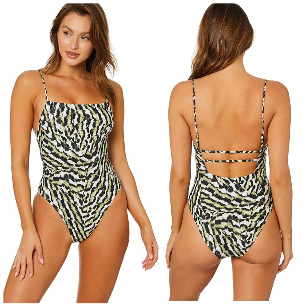 •SEAFOLLY• Mandalay Square Neck One Piece Swimsuit Olive Oil Animal Print Size 4